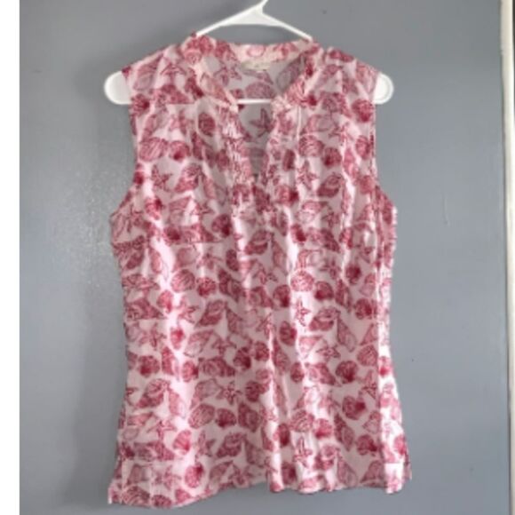 Talbots Shell Print Cotton Notched Collar Sleeveless Summer Top Lp Red White - Picture 2 of 16